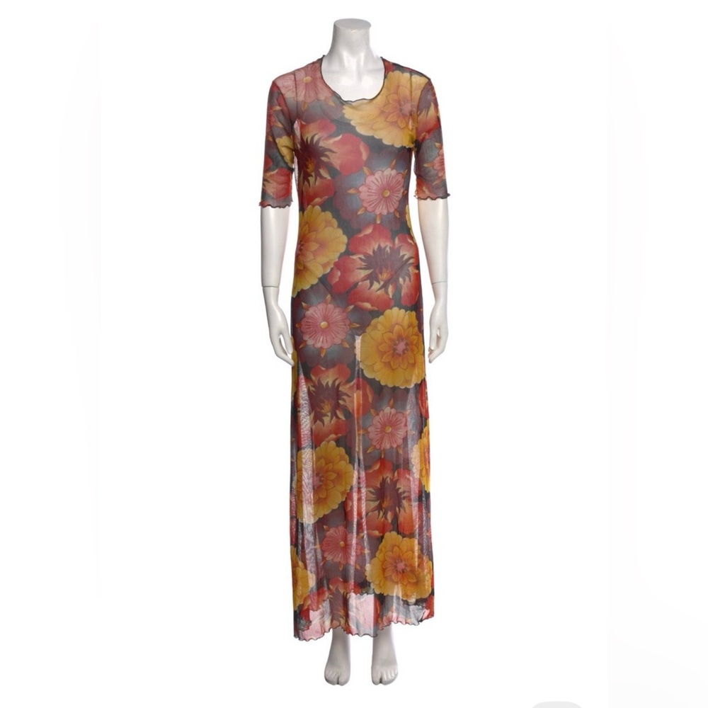 Vivienne Tam Red and Yellow Mesh Floral Long Sleeve Dress